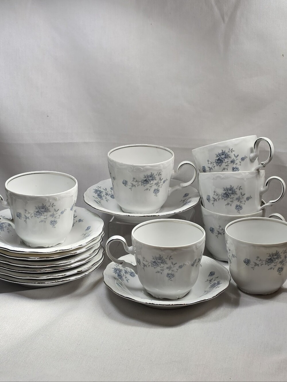 Johann Haviland Bavaria Blue Garland Porcelain Tea Set 7 Cups 8 Saucers Lot VTG